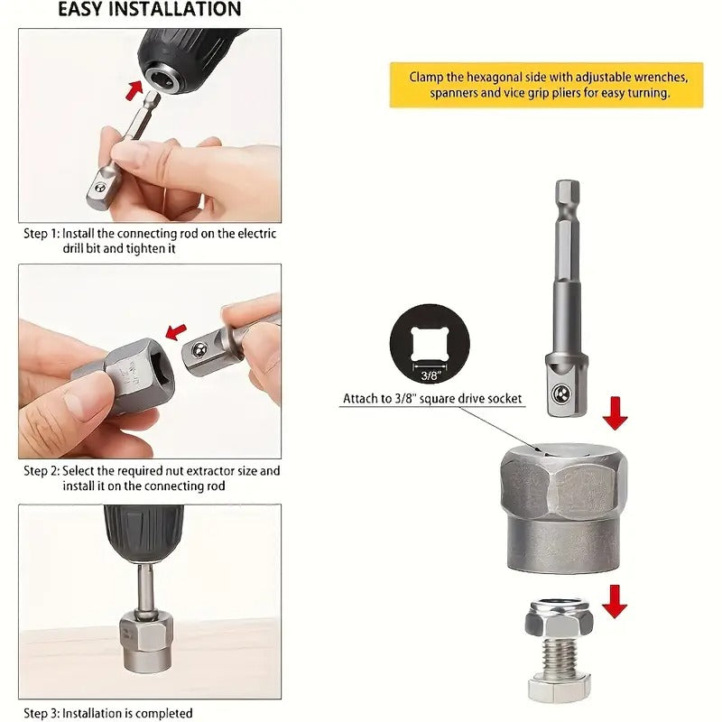 15pcs/Set Nut Extractor, 13pcs Bolt And Nut Remover, 1pc Iron Bar (If The Nut Is Still Stuck In The Sleeve When Removing It, Use It to Knock It Out), 1pc 1/4 '' to 3/8 "drive Hexagonal Socket Adapter