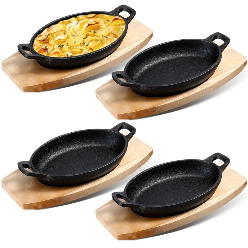 Set Of 4 Cast Iron Mini Oval Serving Dishes - 8oz, Black, With Wooden Base, Ideal For Baking & Roasting, 8.7 X 4.7 X 1.6 Inch