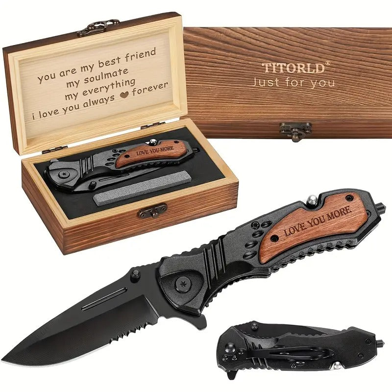 [Valentine's Pocket Knife] LOVE YOU MORE Engraved Pocket Knife | Ambidextrous EDC Knife, Serrated Edge & Clip, Durable Compact Camping/Hiking/Emergency Tool | Valentine's Gift