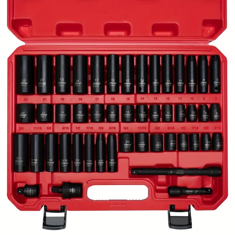 Drive Impact Socket Set, 48pcs Standard SAE (5/16 - 3/4 Inch) And Metric (8-22mm) Size, 3"and 6"Drive Extension Bar