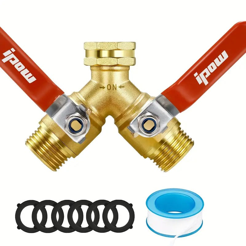 Heavy Duty 2-Way Garden Hose Splitter Valve with Comfort Grip - Brass, High Flow, Includes 6 Rubber Gaskets & Blue Cap for Secure Connection, Ideal for Outdoor Use, Water Hose Splitter