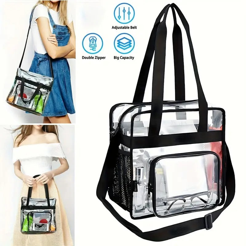 Sturdy Transparent PVC Tote Bag with Adjustable Shoulder Strap & Front Pockets - Large Capacity Heavy-Duty Design, Lightweight Durable for Travel, School,