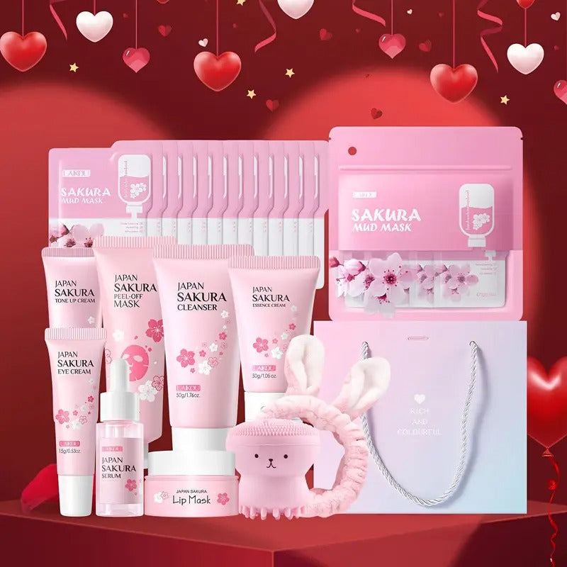 Gentle 10pcs Sakura Skin Care Kit - Day & Night Care for All Skin Types - Moisturizing Cream for Travelling, Holiday Gift