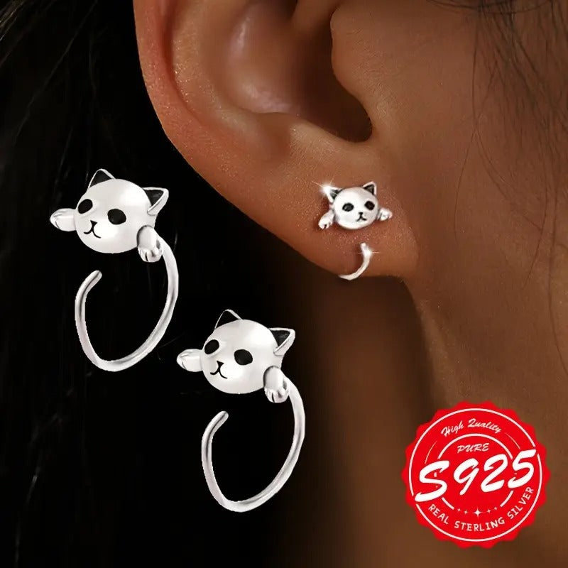 S925 Silver Cute Cat Ear Hooks - A Pair of Hypoallergenic Ladies' Earrings for Valentine'S Day - Unique and Playful Design