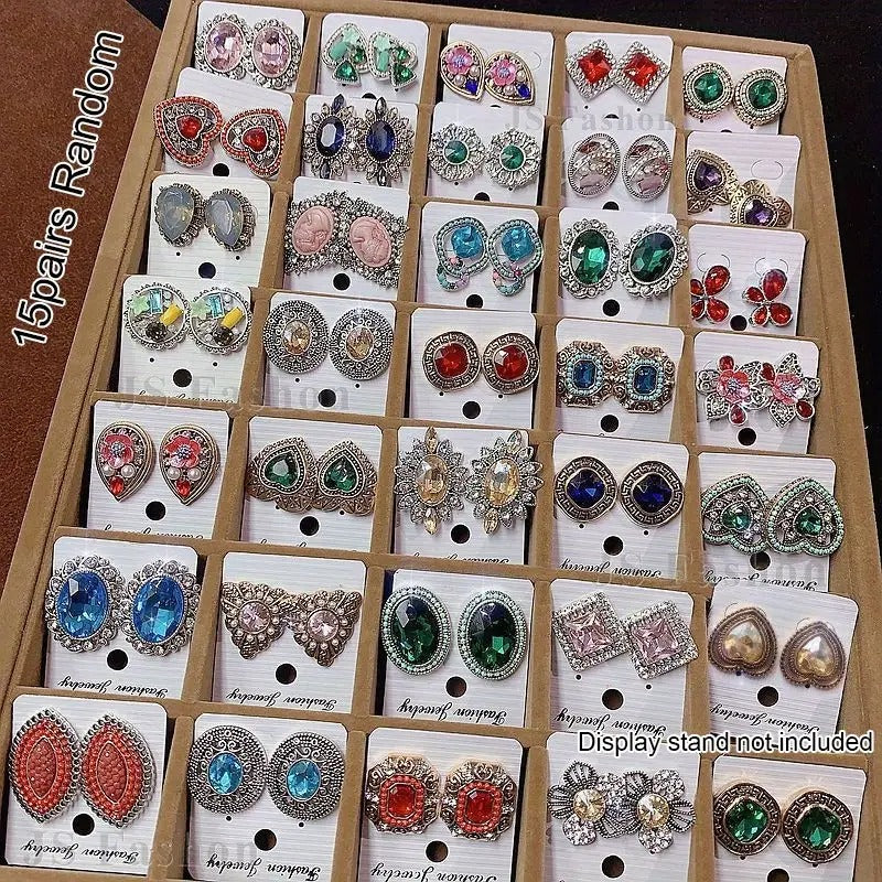 15 Pairs Elegant Vintage Rhinestone Stud Earrings - Alloy Oval Unplated Court-Style Earrings with Multi-Color Gemstone Options for Women, Daily Wear & Gift Giving, Vintage Earrings, Gift Jewelry, Luxurious Design, Intricate Detailing