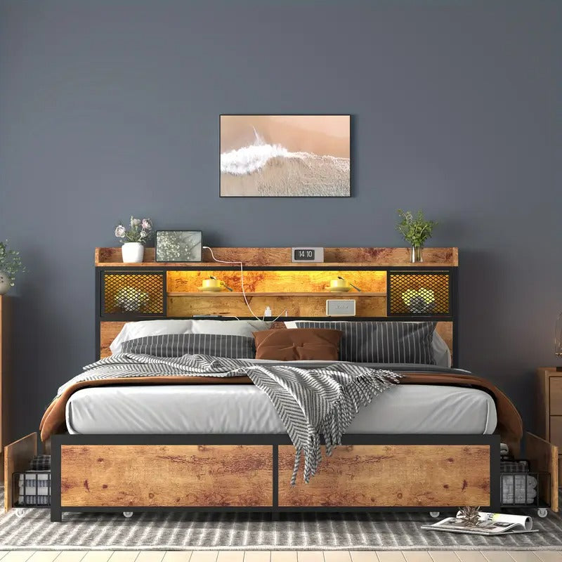 Queen Bed with 4 Storage Drawers, Queen Size Bed Frame with 3-Tier Storage Headboard, No Box Spring Needed