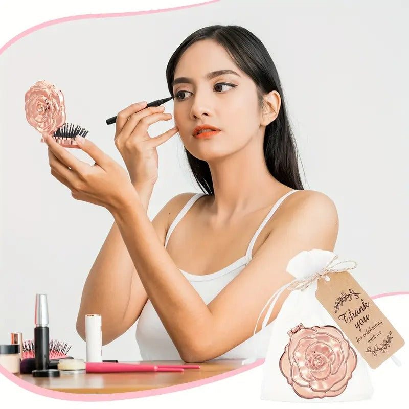 24 Sets Rose Compact Mirrors Brush - Bulk Quinceanera Wedding Party Favors for Guests - Rose Travel Mirror with Brushes Thank You Tags Jute Twine and Organza Bags for Bridal Shower