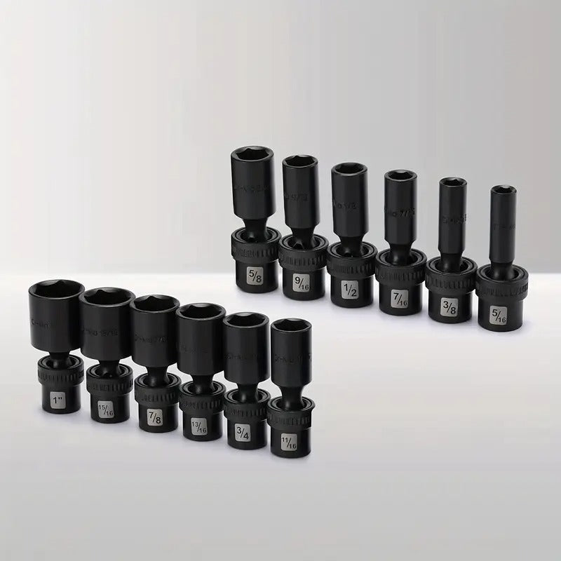 12pcs 3/8"Drive Deep Impact Universal Joint Swivel Socket Set, SAE, 5/16", 3/8", 7/16", 1/2", 9/16", 5/8", 11/16", 3/4", 13/16", 7/8", 15/16", 1", Deep, Flexible Wobble, CR-MO, Impact Grade, With A Durable Storage Case