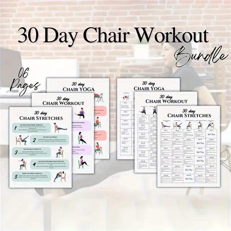 [2D Flat] 30-Day Chair Workout Poster Set - Full Body Exercise & Yoga Guide, Stretching, and Fitness Challenges, 6pcs, 8x10" Frameless, Paper Material,
