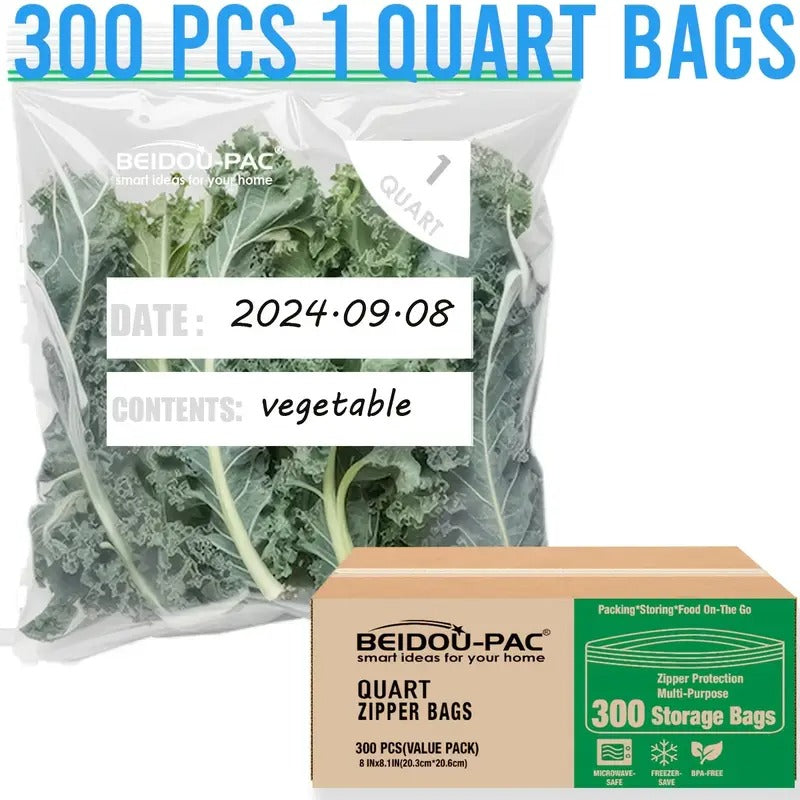 [Double Zipper Storage Bags] 300pcs Double Zipper Quart Food Storage Zip Bags - 2Mil, Freshness Easy Open Reclosable Clear Plastic Bags (8" * 8.1")