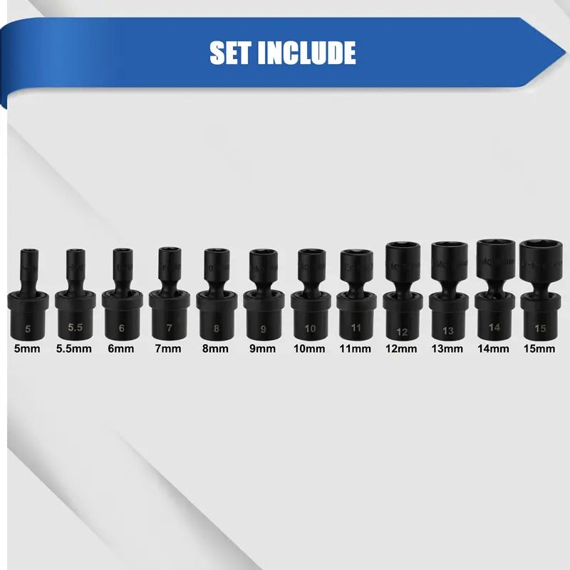 12pcs 1/4" Drive Metric Shallow Universal Impact Socket Set, 12pcs 1/4-Inch Drive Shallow Universal Impact Socket Set, Shallow, CR-MO, 6-Point, Swivel Socket with Flexible Wobble, Metric,