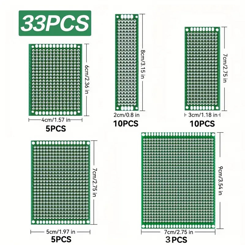 33 Double-sided PCB Prototype Circuit Board Kit, 5 Sizes Of Green Universal Printed Circuit Boards, Can Be Used for Electronic Component Soldering, Suitable for DIY Soldering Projects.