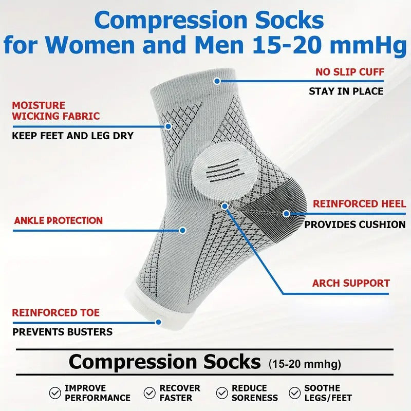 6-Pair Arch Support Compression Socks with Plantar Fascia Support, 15-20mmHg Pressure - Breathable Moisture-Wicking Athletic socks, Cushioned Ankle Stability