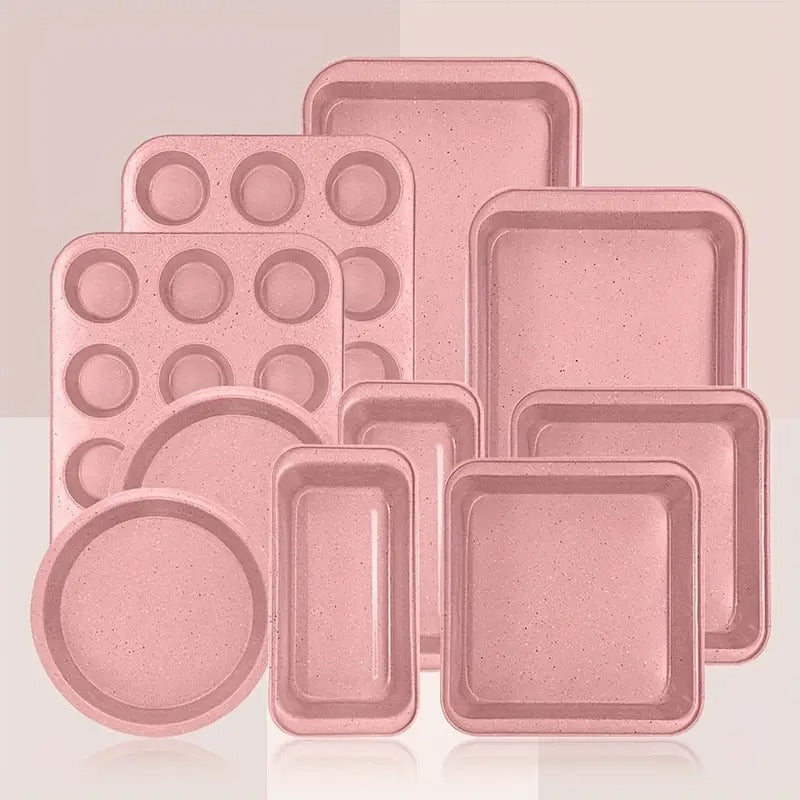 10pcs Pink Baking Pans Set Nonstick Bakeware Sets With Round/Square Cake Pan, Muffin Pan, Loaf Pan, Roast Pan, Cookie Sheet Set For Oven, Kitchen Baking Supplies