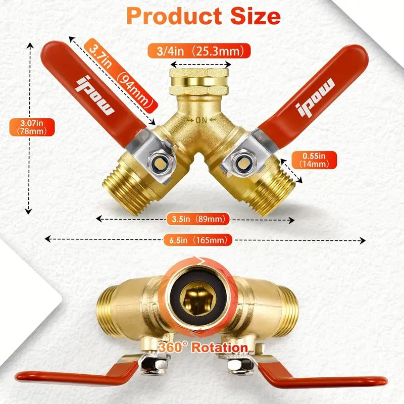 Heavy Duty 2-Way Garden Hose Splitter Valve with Comfort Grip - Brass, High Flow, Includes 6 Rubber Gaskets & Blue Cap for Secure Connection, Ideal for Outdoor Use, Water Hose Splitter