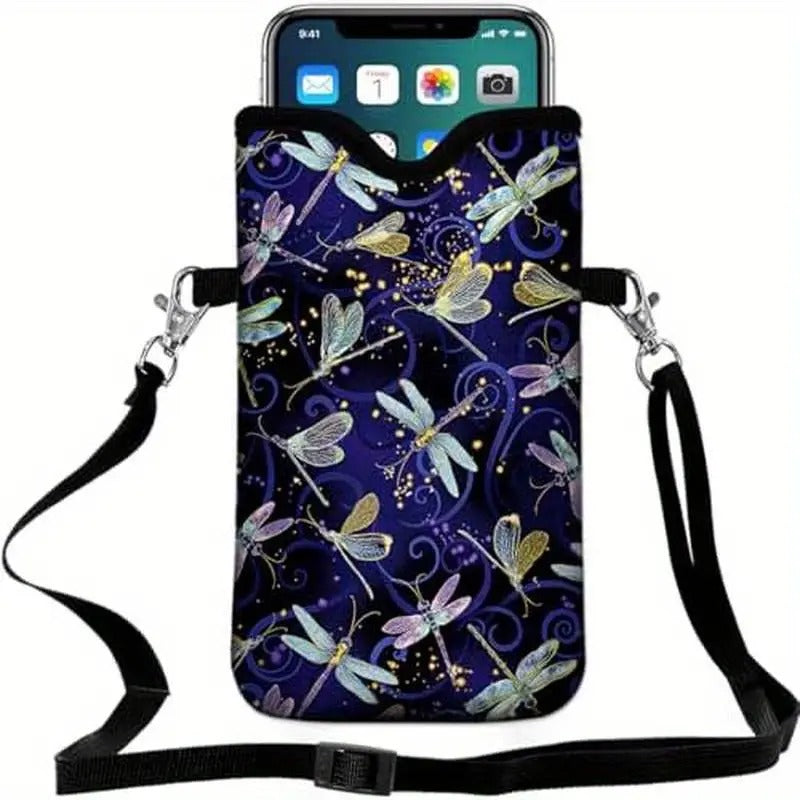 Universal Neoprene Mobile Phone Pouch 7.1 X 4 Inches with Crossbody Strap/Neck Lanyard Featuring a Dragonfly Design