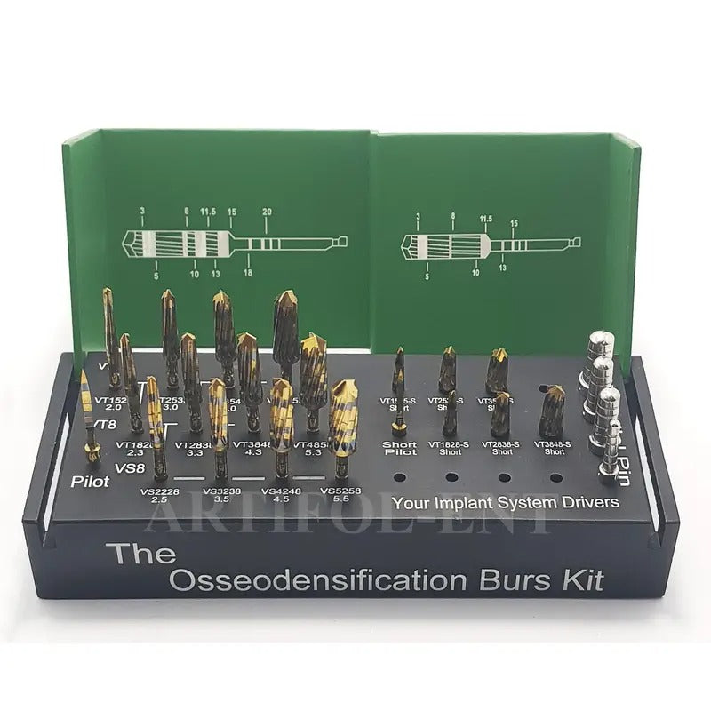 ARTIFOL 24-Piece Osseodensification Kit - Universal Burs & Pins Set with Metal Holder Drive OS1029