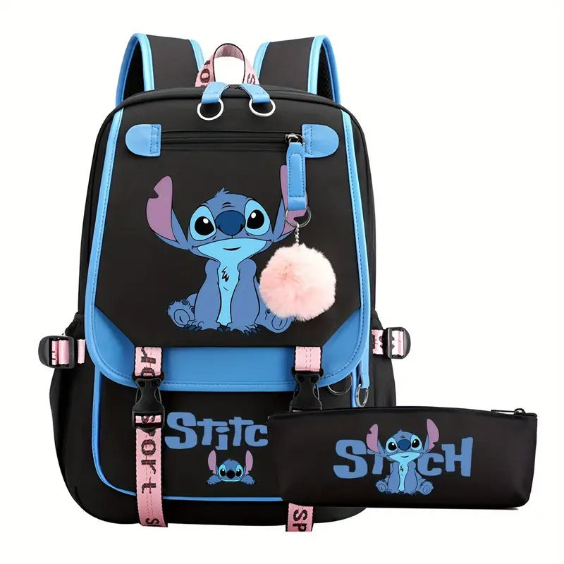 2pcs Disney Stitch Backpack Set, 17" School Backpacks for Kids, Cartoon Bookbag for Boys Girls, Large Capacity, Lightweight Travel Laptop Backpack with Pencil Case, Resistant College School
