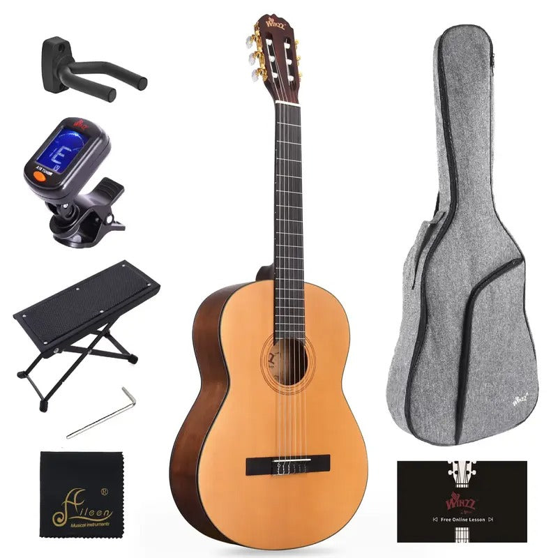 WINZZ TG-C1 39 Inch Classical Acoustic Solid Guitar Kit Nylon strings Guitar For Beginner Adult Teen Guitar With Padded Bag, Foot Stool, Guitar hanger, Digital Tuner For Beginners