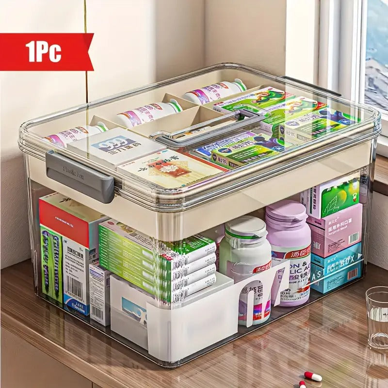 Large Capacity Pill Organizer with Easy-Grip Handle - Durable Multi-Layer Plastic Medicine Storage Box, Ideal for Home, Travel, and Office Use - Space-Saving Solution for Safe and Efficient Medicine Organization, Pill Box