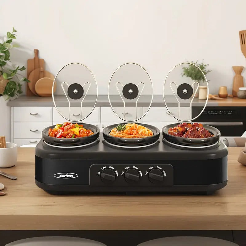 Triple Slow Cooker, 3 X 1.5QT Slow Cooker with 3 Cooking Settings, Buffet Servers and Warmers with Dishwasher-Safe Ceramic Pot, Glass Lid, Black