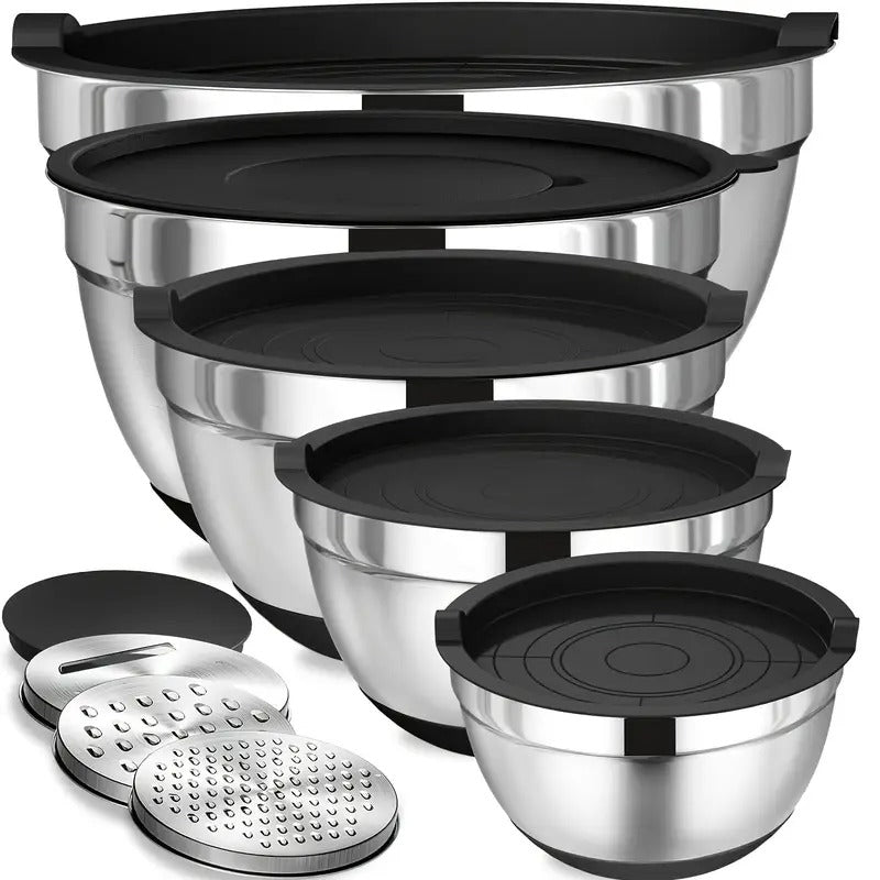 8pcs Stainless Steel Mixing Bowl Set - Airtight Lids, Non-Slip Base, Perfect for Baking, Serving, Storing