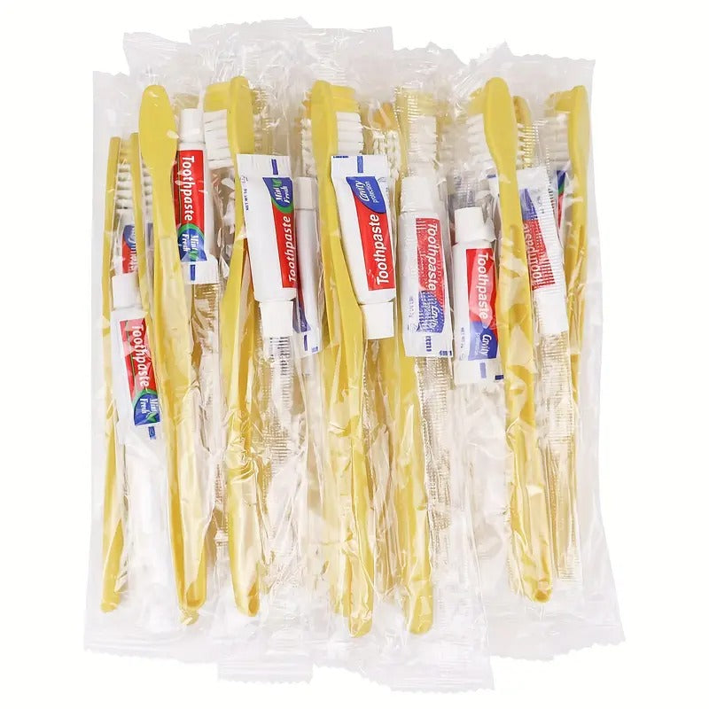 Disposable Toothbrushes with Toothpaste, 200 Pack Yellow Hollow Individually Wrapped Disposable Travel Toothbrushes Kit in Bulk for Homeless, Nursing Home, Hotel, Charity