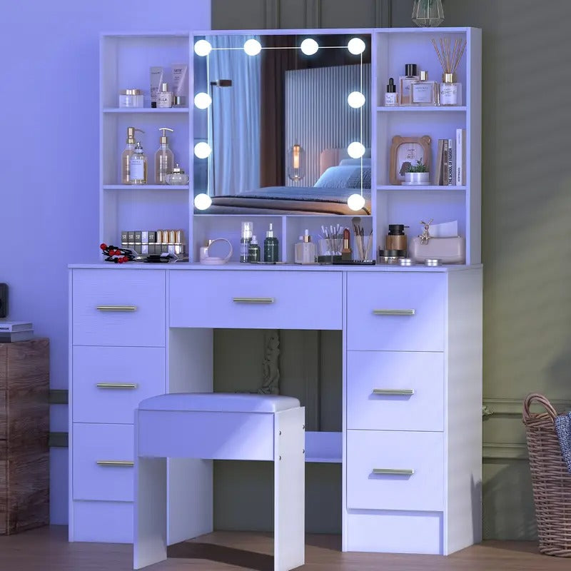 Dresser Set With LED Illuminated Mirror, 7 Drawers, Multiple Compartments, Stool Included, Birthday, Christmas, New Year Gift