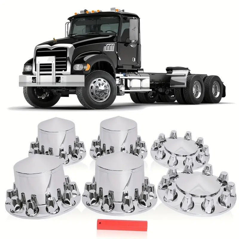 33mm Axle Cover Chrome Combo Kit, Dome Screw-on Lug Nut Covers with 2 Front And 4 Rear Axle Wheel Covers Removable Pointed Hub Caps for Semi Trucks
