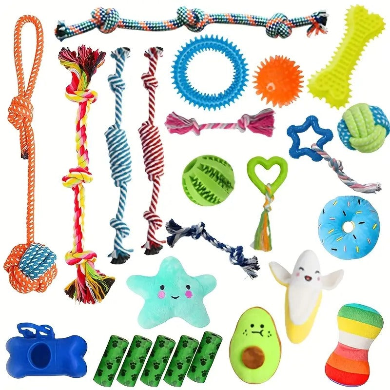 25pcs Dog Teething Toys, Dog Chew Toys Set For Cleaning And Teeth Cleaning, Dog Vocalization Toys, Leash Toy Set Suitable For Puppies