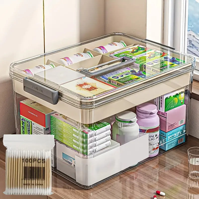 Large Capacity Pill Organizer with Easy-Grip Handle - Durable Multi-Layer Plastic Medicine Storage Box, Ideal for Home, Travel, and Office Use - Space-Saving Solution