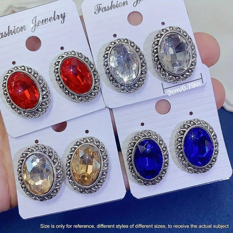 15 Pairs Elegant Vintage Rhinestone Stud Earrings - Alloy Oval Unplated Court-Style Earrings with Multi-Color Gemstone Options for Women, Daily Wear & Gift Giving, Vintage Earrings, Gift Jewelry, Luxurious Design, Intricate Detailing