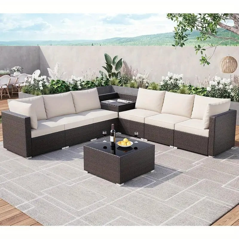 GAOMON 8pcs All-Weather Outdoor Patio Furniture Set - Rattan Wicker Sectional Sofa with Glass Table & Storage Box, Durable Weather-Resistant Design for Garden, Balcony, or Patio Use, Patio Furniture Set,