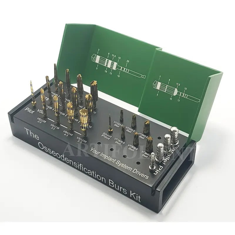 ARTIFOL 24-Piece Osseodensification Kit - Universal Burs & Pins Set with Metal Holder Drive OS1029