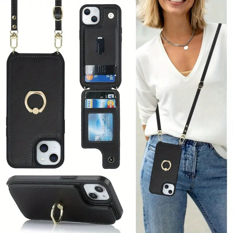 For Iphone 14 Case Designed for Women Featuring a Card Holder And Strap, Includes a Crossbody Lanyard, Ring Stand, Snap Clasp, And Fits 6.1 Inch Phones (Black).