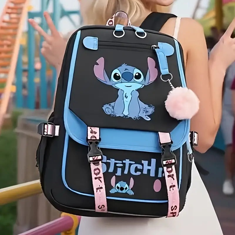 2pcs Disney Stitch Backpack Set, 17" School Backpacks for Kids, Cartoon Bookbag for Boys Girls, Large Capacity, Lightweight Travel Laptop Backpack with Pencil Case, Resistant College School