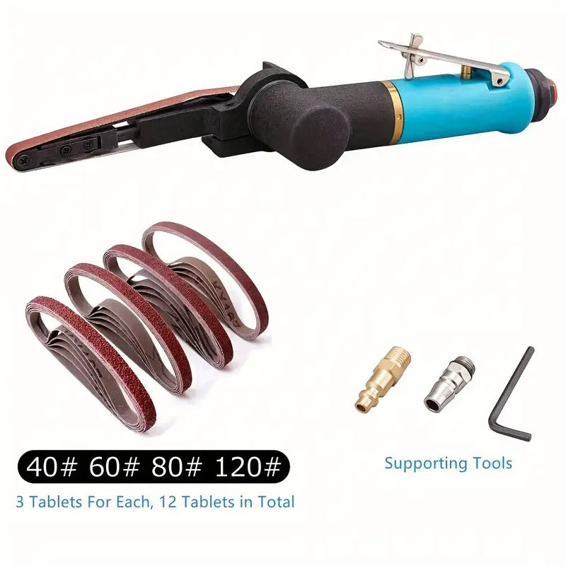 Pneumatic Tool Air Belt Sander, 1/4" Air Inlet, Air Belt Sander (3/8" X 13") With 12pcs Belts (#40, #60, 80#, 120#), 3/8" Air Belt Grinder For Aluminium, Iron, Steel And Etc. Metal Polishing