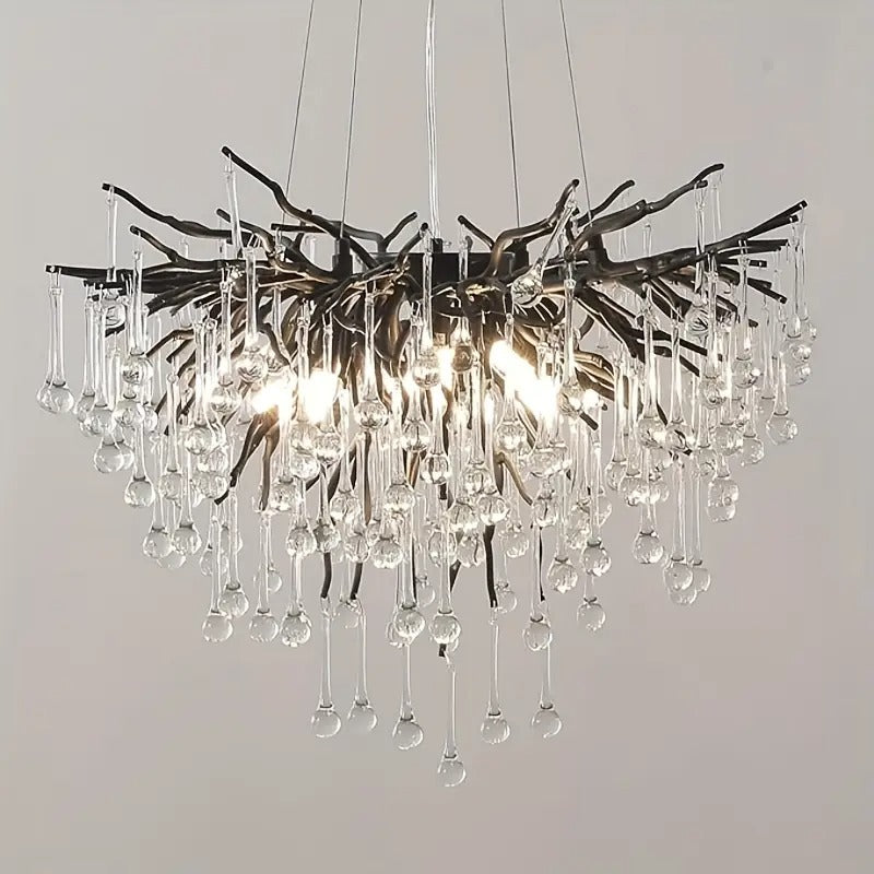 Black Crystal Chandelier, Modern Ceiling Chandelier, Flower Hanging Lighting, Frost Branch Raindrop Chandelier, Suitable for Dining Rooms, Living Rooms, Bedrooms, Entrances (24 Inch Round, G9 * 10)