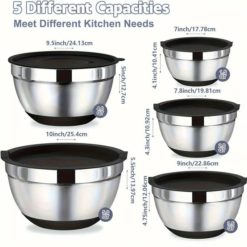 8pcs Stainless Steel Mixing Bowl Set - Airtight Lids, Non-Slip Base, Perfect for Baking, Serving, Storing