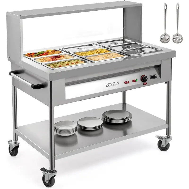 ROVSUN Electric Commercial Food Warmer 72QT 1500W, 9-Pan Steam Table 8QT/Pan Stainless Steel Bain Marie w/Acrylic Shield Overshelf Undershelf Temperature Control & Lid for Buffet Restaurant 110V