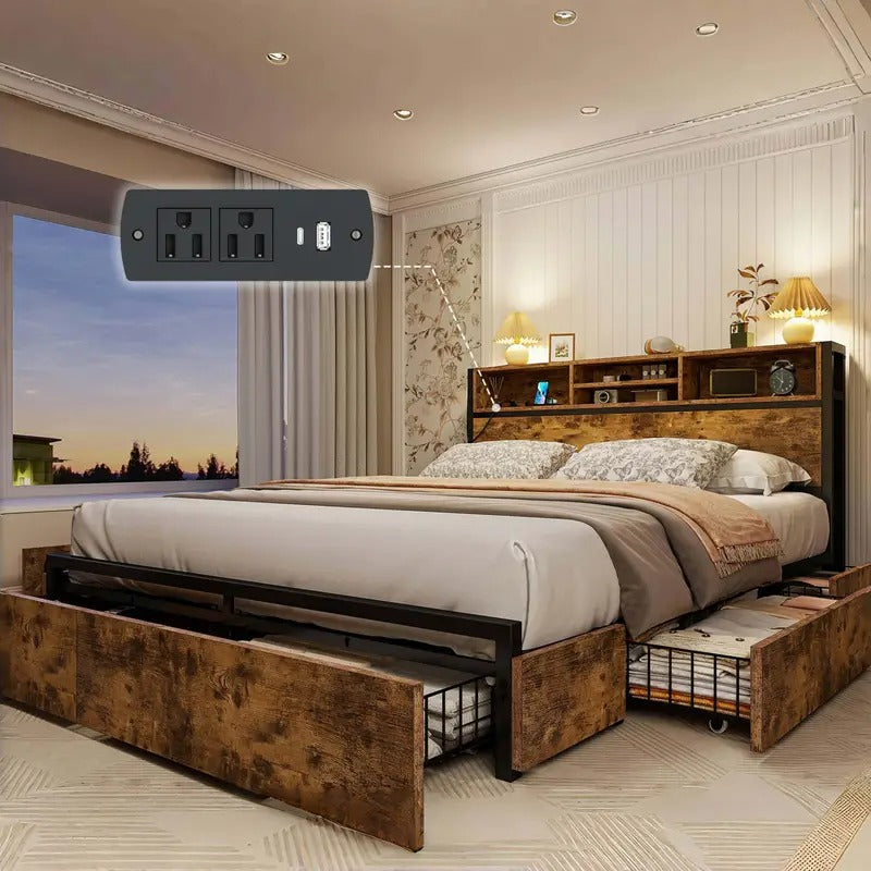 EnHomee Queen Bed Frame With 6 Storage Drawers Queen Bed Frame With Headboard, With Charging Station, No Noise, No Box Springs Needed, Vintage Brown