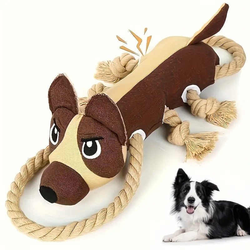 Durable Interactive Dog Toy with Squeaky Sound - Sturdy Anti-Bite Tension Rope, Suitable for Large, Medium, and Small Dogs - Brown and Tan Puppy Model, No Battery Required - Perfect Christmas Gift, Cartoon Dog Design