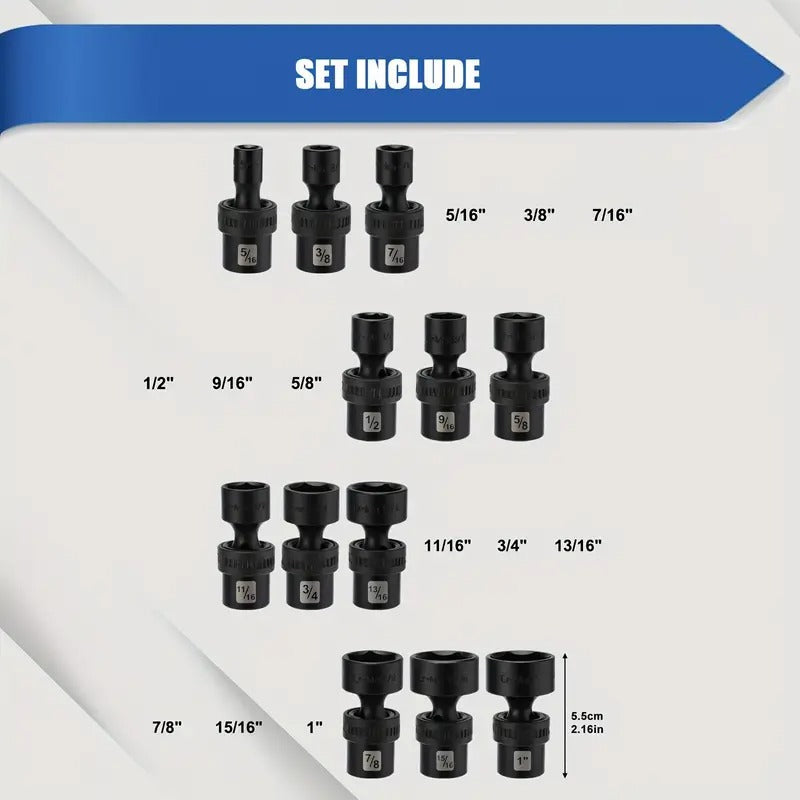 12pcs 3/8"Drive Deep Impact Universal Joint Swivel Socket Set, SAE, 5/16", 3/8", 7/16", 1/2", 9/16", 5/8", 11/16", 3/4", 13/16", 7/8", 15/16", 1", Deep, Flexible Wobble, CR-MO, Impact Grade, With A Durable Storage Case