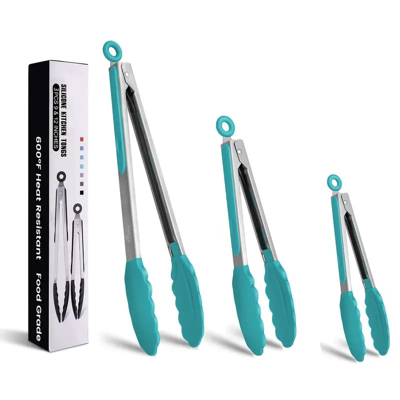 3pcs Premium Stainless Steel Locking Kitchen Clips with Silicone Tips, 3-7", 9" And 12" Set, Suitable for Barbecue, Outdoor Grilling, Barbecue Clips, Easily Pick Up Barbecue, Easy to Clean