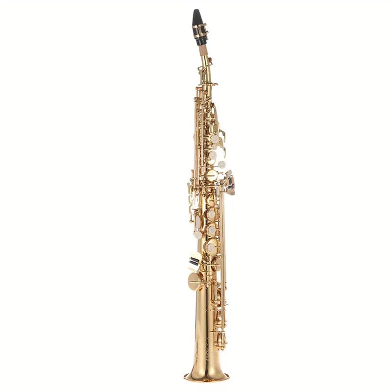 Brass Straight Soprano Saxophone Bb B Flat - Premium Yellow Brass, Natural Shell Keys, Carved Pattern, Includes Carrying Case, Gloves, Cleaning Cloth, Straps & Cleaning Rod