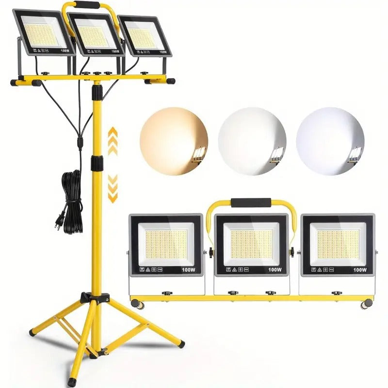 31000LUMEN 3-Head LED Work Light with Adjustable Tripod Stand - Portable IP66 Worklights, 3000K/5000K/6500K Selectable Color Temp, 16.5ft Cord & Foldable Design for Indoor/Outdoor Use