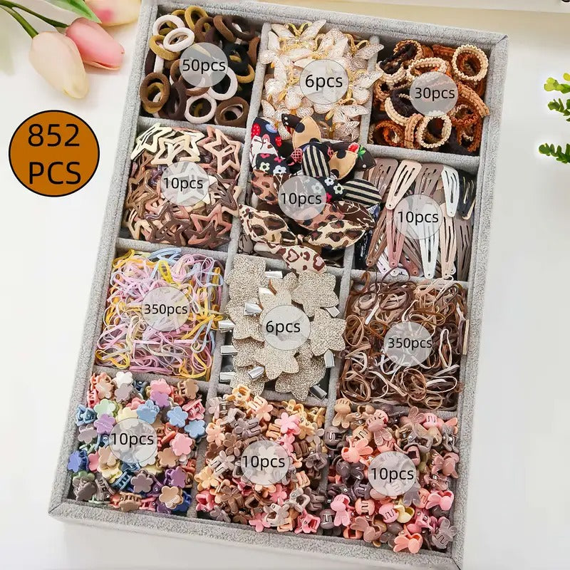 [Princess Hair Set] Women 852pcs Set Coffee Color Bow Star Simple Cute Princess Headdress Rubber Band Hair Ring Hairpin BB Clip Hair Grab Clip Hair Accessories Combination Set Daily Use Gift