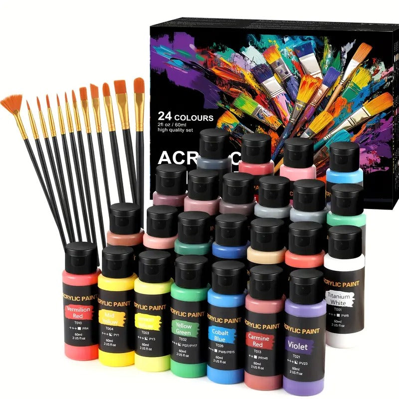 [High Pigment Artist Paint Set] 24 Bottle High Pigment Artist Paint Set with 12 Quality Brushes | Lasting Colors for Canvas Ceramic Fabric - Beginner to Pro Art Supplies (2oz Each)