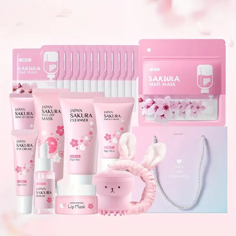 Gentle 10pcs Sakura Skin Care Kit - Day & Night Care for All Skin Types - Moisturizing Cream for Travelling, Holiday Gift