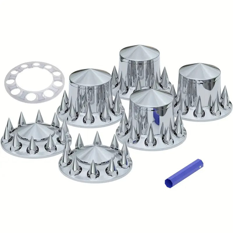 Chrome Front And Rear Axle Complete Wheel Cover Set 33mm Screw-on Lug Nut Covers For Semi Trucks (Installation Tool Included) Standart Hub Caps Kit